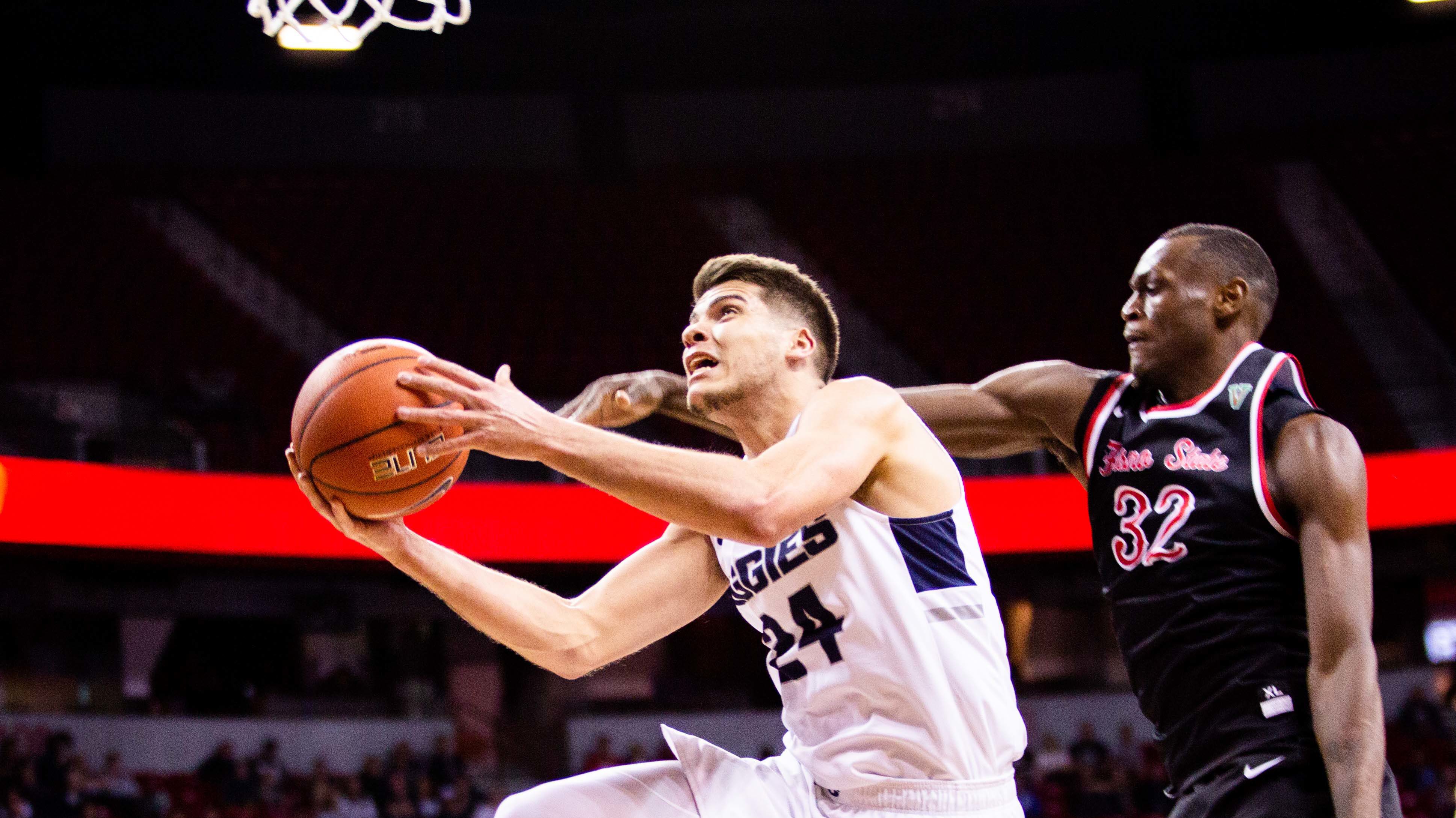 Diogo Brito goes in for a layup against Fresno State on Friday, March 15, 2019 in the semifinal game in the Mountain West Tournament. Photo by Megan Nielsen