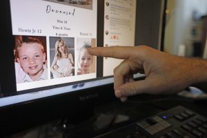  In this Tuesday, Nov. 5, 2019, file photo, Austin Cloes points to a photo of his relative Rhonita Miller and her family, who were killed in Mexico, on a computer screen, in Herriman, Utah. The faith issued a statement this week expressing sympathy for the nine people who belonged to a Mormon offshoot community who were killed in Mexico earlier in the week, while clarifying that they didn’t belong to the faith. That the faith would feel the need to make such a clarification amid a tragedy underscored the conundrum the church finds itself in when big news happens with splinter groups who practice polygamy, which the mainstream church disavowed more than a century ago. 