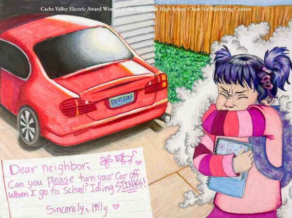 artwork of a young girl coughing and walking by an idling car